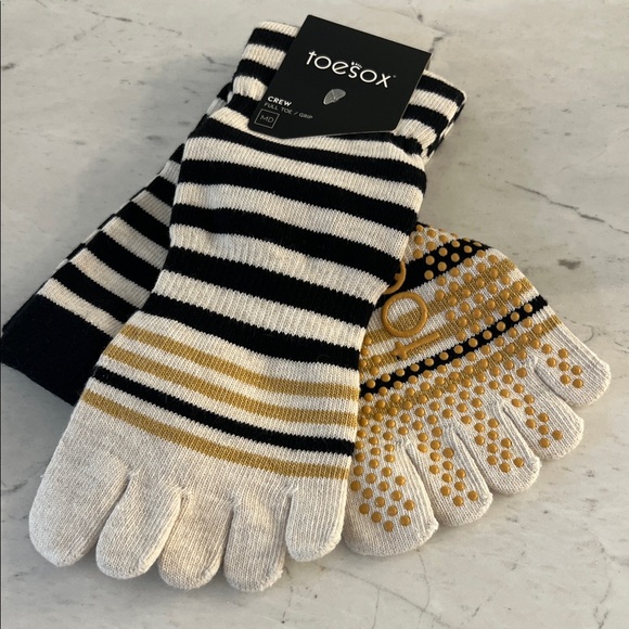 ToeSox Crew Grip Toe Socks - Black, White, and Gold Stripes - Picture 1 of 2